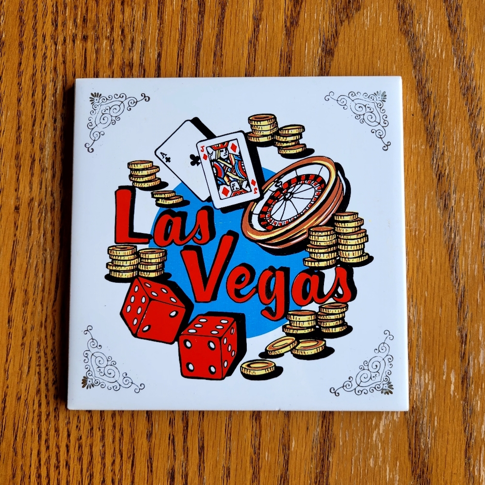 Vintage Souvenir Tile Trivet Las Vegas 6 X 6, Japan Sticker Cork Backed